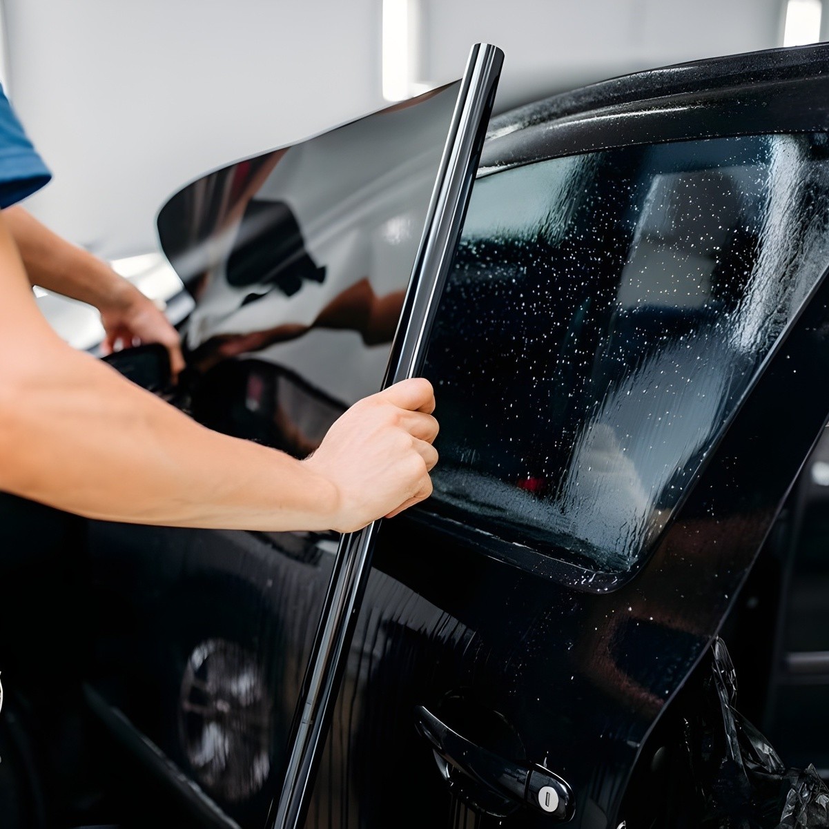 Person Applying Window Tint To Black Vehicle